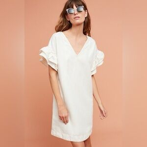 Anthropologie Maeve Lottie Fluttered Tunic Dress Ivory V-Neck Top Ruffle Sleeves